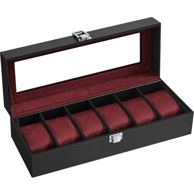 6 Slots Velvet Lining Watch Box, Black + Wine Red