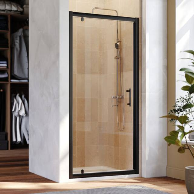 Pivot shower door enclosure black frame 6mm safety glass cubicle wet room screen