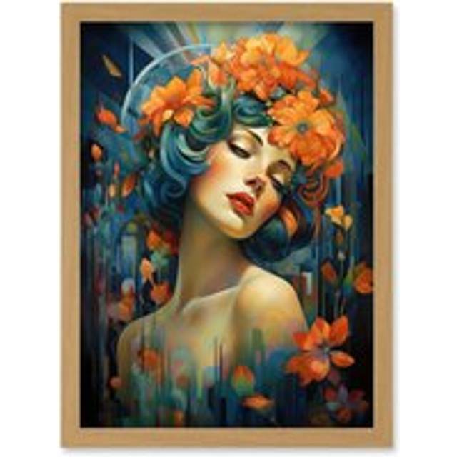 Wall Art Print Woman Portrait with Flowers Modern Art Deco Vibrant Artwork Orange Blue Floral Headband Artwork Framed A4 - Tan - A4