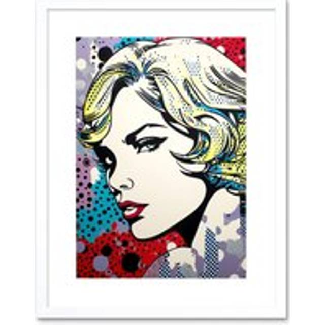 Wall Art Print Bond Girl Comic Book Style Purple Blue Red Polka Dot Pattern Portrait Halftone Artwork Framed 9X7 Inch - White - W7 inch x H9 inch