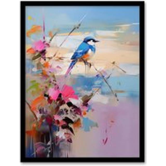 Wall Art Print Kingfisher Bird and Flowers Oil Painting Abstract Sandy Beach Artwork Framed - Blue - W12 inch x H16 inch