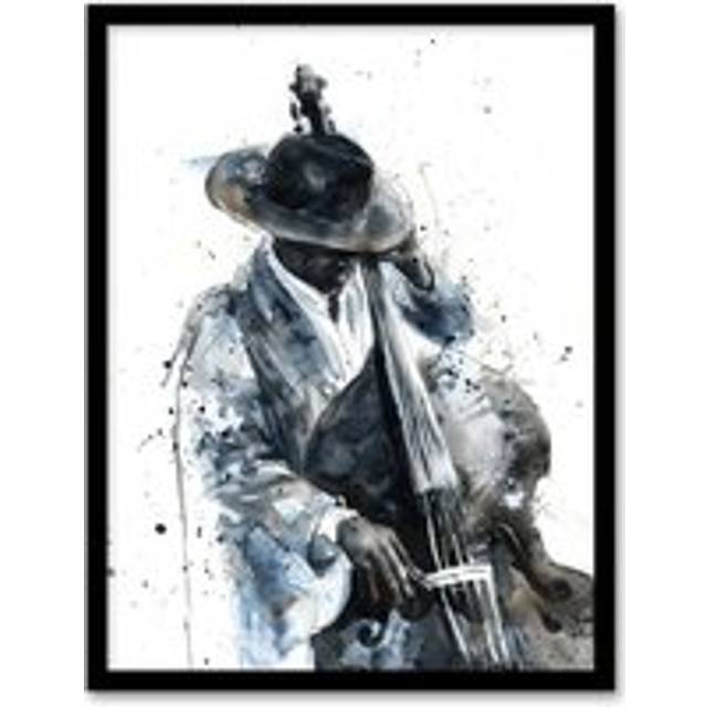 Jazz Music Double Bass Player Watercolour Framed Art Print - Grey - W12 inch x H16 inch