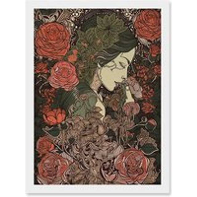 Kiss from a Rose Floral Red and Green Illustration Artwork Framed Wall Art Print A4 - White - One Size