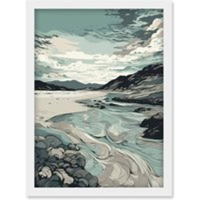 Luskentyre Beach Coastal Landscape Illustration Artwork Framed Wall Art Print A4 - White - One Size