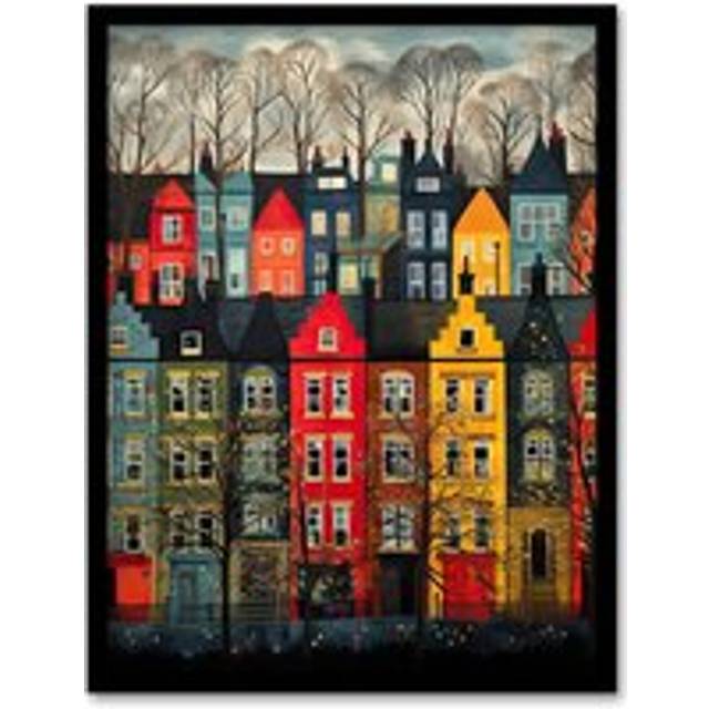 Townhouse Row Bright Coloured Streets City Autumn Modern Painting Art Print Framed Poster Wall Decor - Black - W12 inch x H16 inch