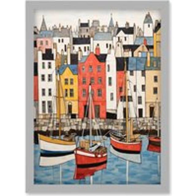 Wall Art Print Colourful Town Harbour Acrylic Painting Red Yellow Blue Fishing Boats Coastal Townscape Artwork Framed A4 - Grey - A4
