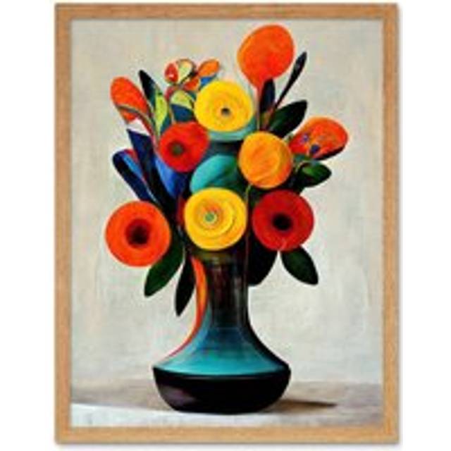 Wall Art Print Midcentury Style Bright Floral Bouquet Flowers Painting Orange Yellow Red Turquoise Art Framed - White - W12 inch x H16 inch