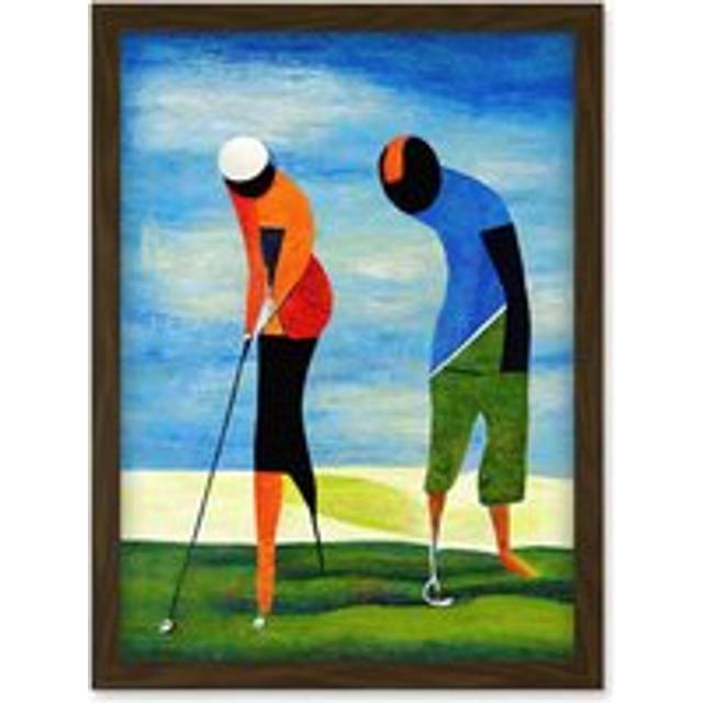 Abstract Surreal Modern Golf Golfing Couple Playing Artwork Framed Wall Art Print A4 - Brown - One Size
