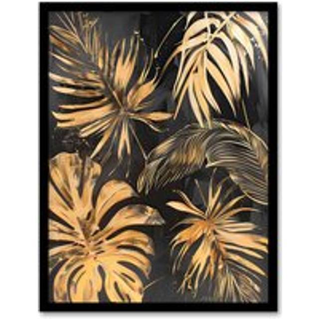 Golden Monstera Leaf Palm Frond Dark Plant Lover Framed Art Print - Metallics - W12 inch x H16 inch