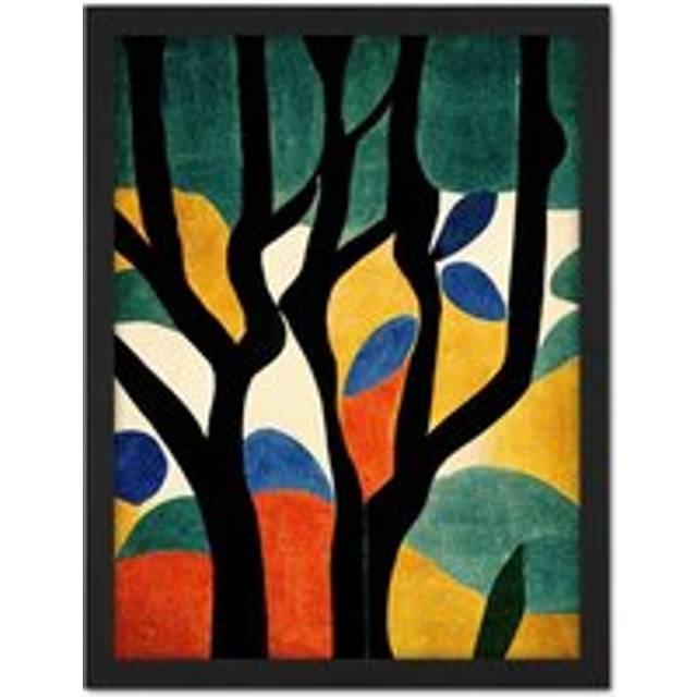 Wall Art Print Simple Autumn Trees Orange on Blue Minimalist Matisse Style Painting Large Framed Wall Décor Art - Tan - W18 inch x H24 inch