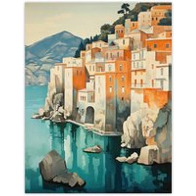 Amalfi Coast Artwork Blue Orange Green Coastal Village Italy Landscape Extra Large XL Unframed Wall Art Poster Print - Multi - W24 inch x H32 inch
