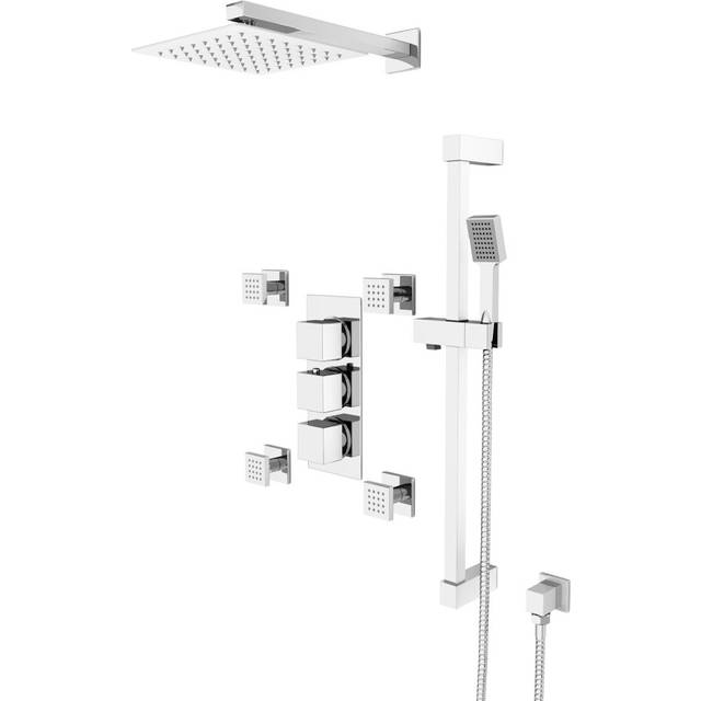 Olive Square 3 Way Concealed Thermostatic Shower Mixer Valve, Shower Head, Handset, Slider Rail, 4x Body Jets Set Chrome