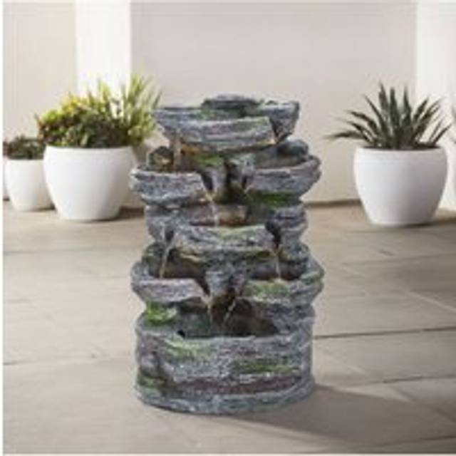 Faux Rockery Outdoor Water Fountain with Solar-Powered Lights - Grey - One Size