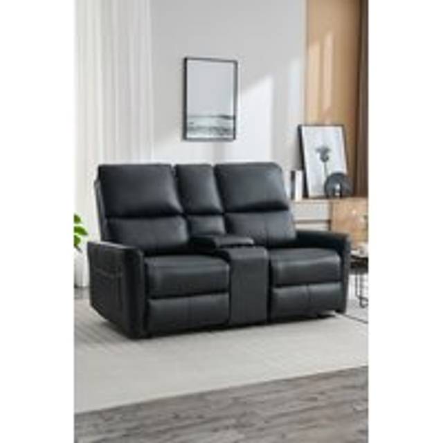 MADRID 2 SEATER w CONSOLE MANUAL RECLINER AIR LEATHER SOFA BLACK
