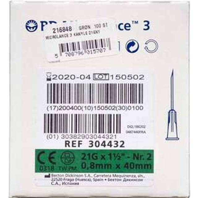 BD Microlance 21 g x 1,5" 0,8 x 40 mm (grön) - 100 st