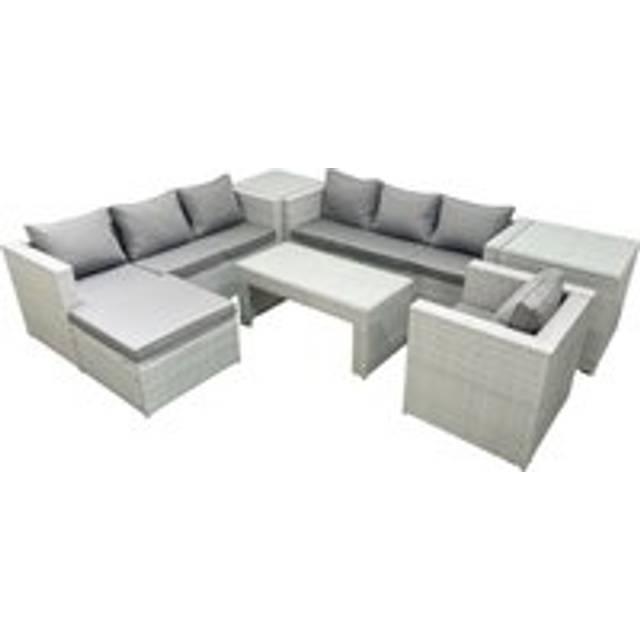 Fimous Wicker PE Rattan Sofa Garden Furniture Set with Oblong Coffee Table Armchair Big Footstool 2 Side Tables Light Grey Mixed