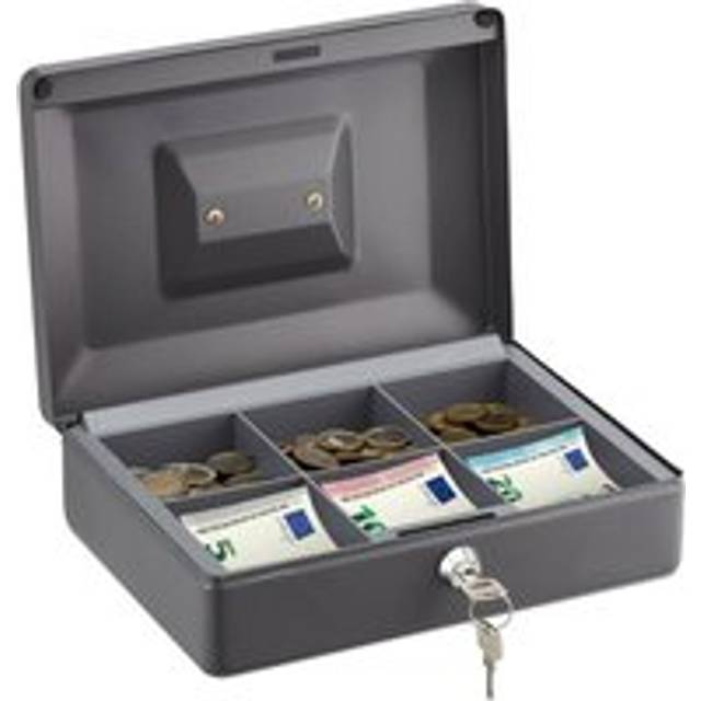Relaxdays - Cash Box Lockable, 6 Notes and Coins Compartments, 2 Keys, Iron, Steel & Plastic, hwd: 9 x 25 x 18 cm, Grey