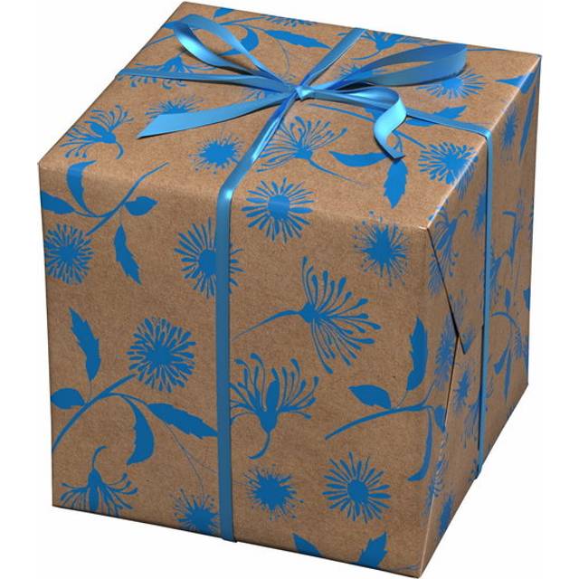 Presentpapper på rulle 10 m × 57 cm – blå blommor på brunt kraftpapper