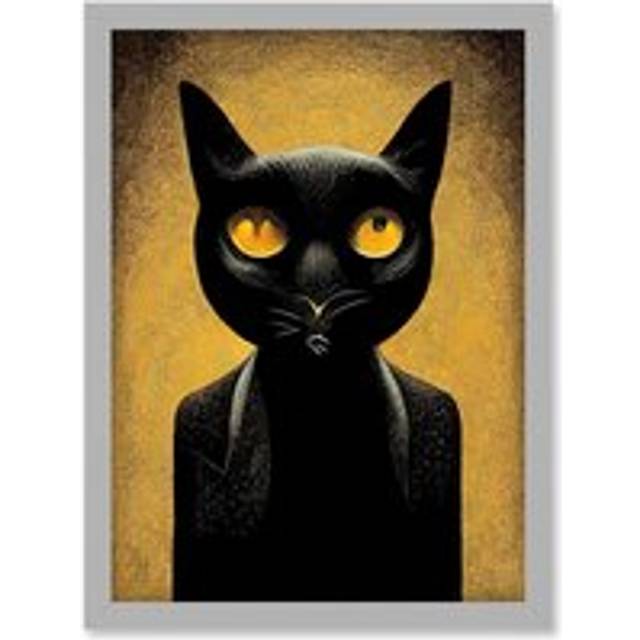 Black Cat Le Chat Noir Modern Mustard Artwork Framed Wall Art Print A4 - Grey - One Size