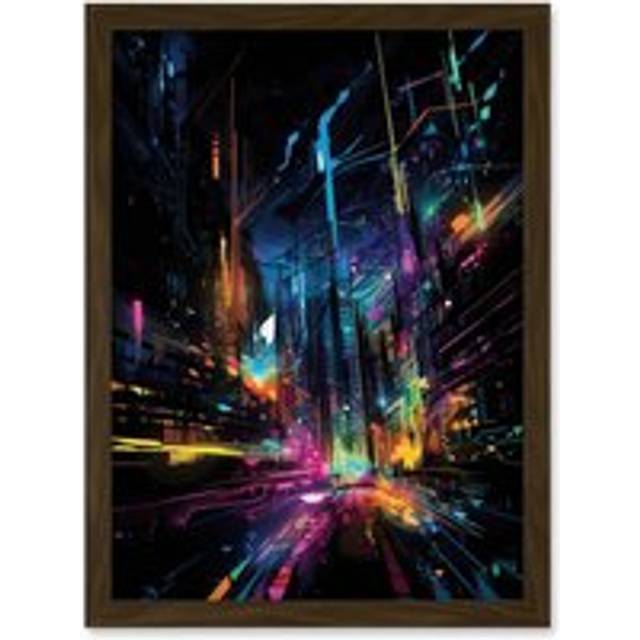 New York City at Night Modern Abstract Neon Contrast Painting Artwork Framed Wall Art Print A4 - Brown - One Size