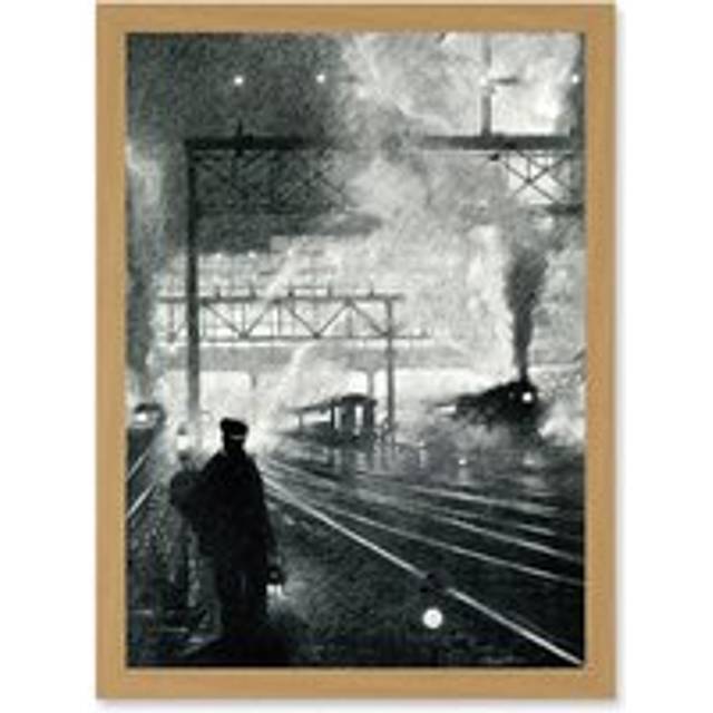 Travel Railway Tracks 1912 Soot Steam Train Locomotive Drawing Moody Artwork Framed Wall Art Print A4 - Tan - One Size