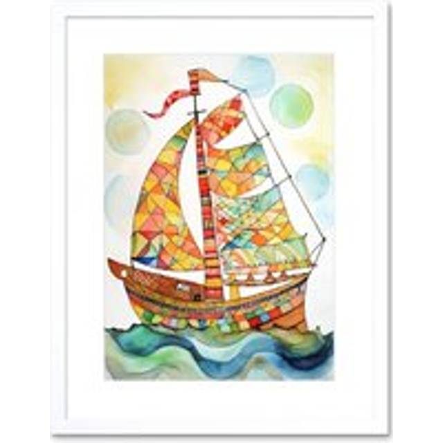 Wall Art Print Sailing Ship At Sunrise Folk Artwork Framed 9X7 Inch - White - W7 inch x H9 inch