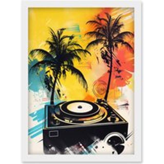 Music Under Palm Trees Tropical Beach Party Modern Watercolour Painting Artwork Framed Wall Art Print A4 - White - One Size