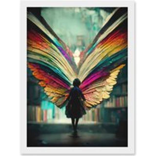 Library Book Fairy Rainbow Wings Artwork Framed Wall Art Print A4 - White - One Size