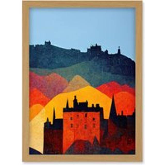 Edinburgh in Autumn Scotland Scottish Modern Folk Art Multi Coloured Cityscape Artwork Framed Wall Art Print A4 - Tan - One Size