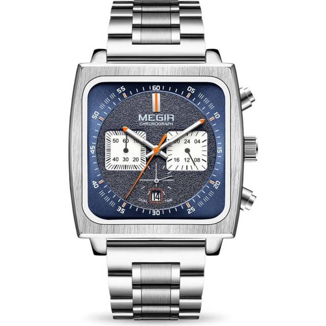 (Silver Blue) MEGIR Men's Rectangle Business Work Analogue Quartz Chronograph Luminous Sport Wrist Watch with Leather Strap ML2182G