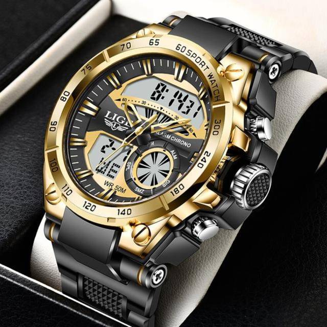 LIGE Men’s Watches Top Brand Big Sport Watch Luxury Men Military Silicone Quartz Wrist Watches Fashion Chronograph Male Clock gold