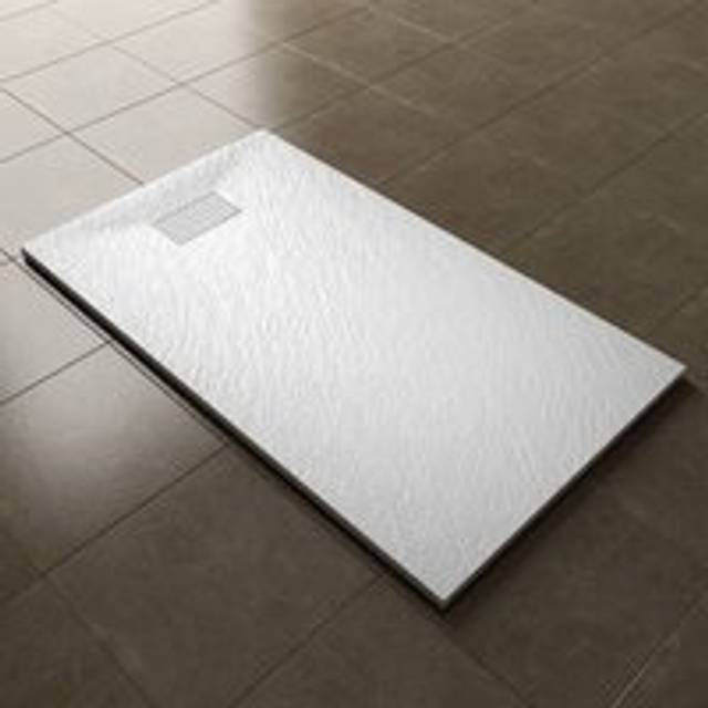 Elegant - 1400x800mm Slip-Resistance Shower Tray White Slate Effect Square Shower Enclosure Base with Waste Trap and Stainless Steel Drain Cover a