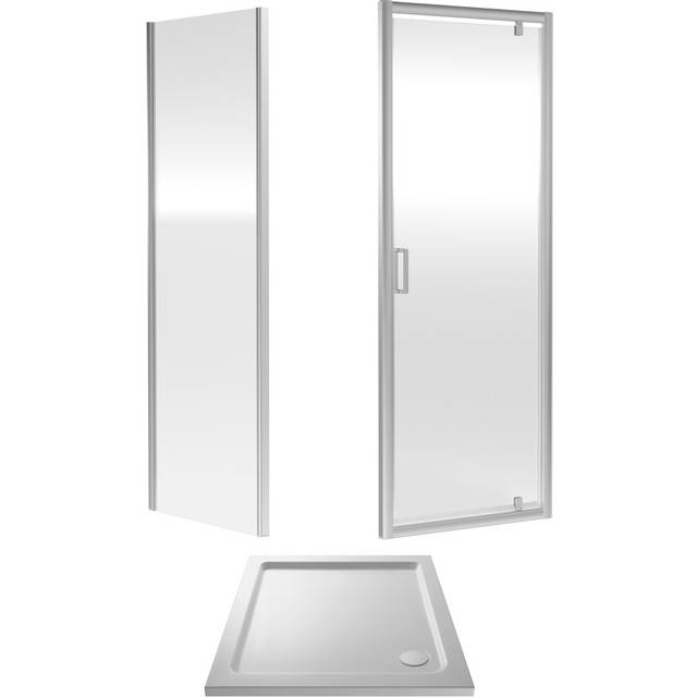 6mm Toughened Safety Glass Pivot Shower Door, Side Panel and Shower Tray - 760 x 760 x 1900mm - Chrome Frame - White Tray