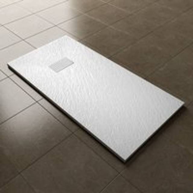 Elegant - 1400x700mm Slip-Resistance Shower Tray White Slate Effect Square Shower Enclosure Base with Waste Trap and Stainless Steel Drain Cover a