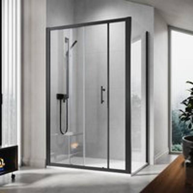 1200x900mm, 6mm Tempered Glass, Black Aluminium Frame, Sliding Shower Door Modern Bathroom with 900mm Side Panel, smc Tray + Waste Trap