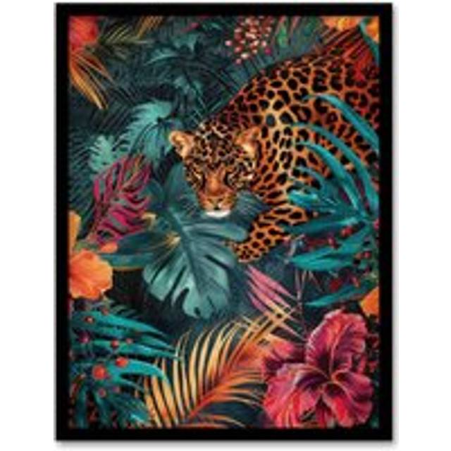 Wall Art Print Fierce Leopard Exotic Floral Jungle Plants Art Framed Poster - Black - W12 inch x H16 inch
