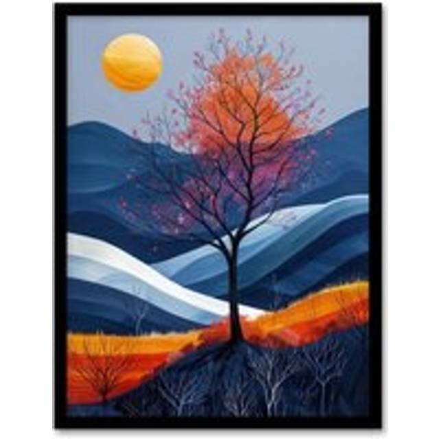 Wall Art Print Moon and Autumn Tree in Scottish Hills Painting Art Framed Poster - Black - W12 inch x H16 inch