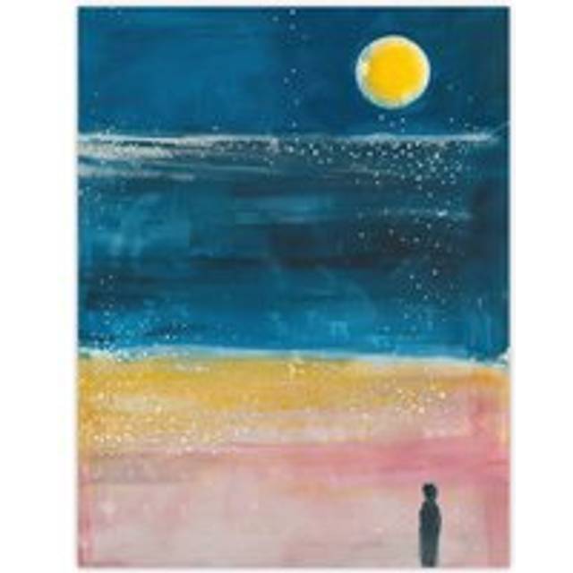 Wall Art Print Abstract Lone Figure Full Moon Beach Walk Poster - Blue - W12 inch x H16 inch