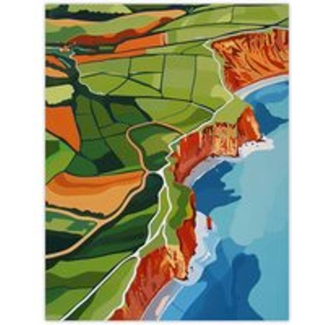 North Yorkshire Coast Aerial View Design Wall Art Print - Green - W12 inch x H16 inch