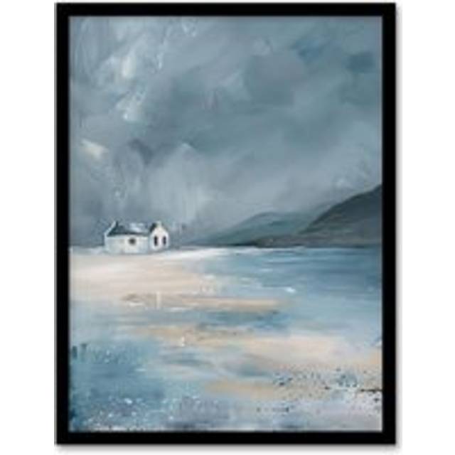 Classic Scottish Cottage on Coast Oil Painting Framed Art Print - Grey - W12 inch x H16 inch