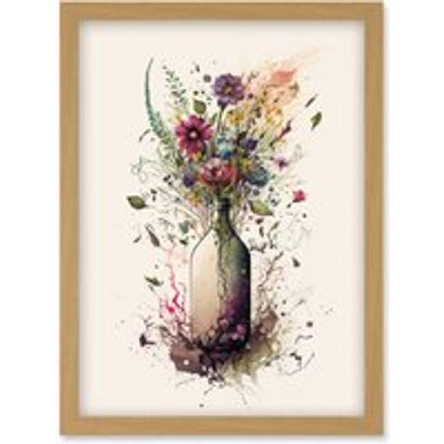 Spring Wildflower Floral Bouquet in a Wine Bottle Artwork Framed Wall Art Print A4 - Tan - One Size