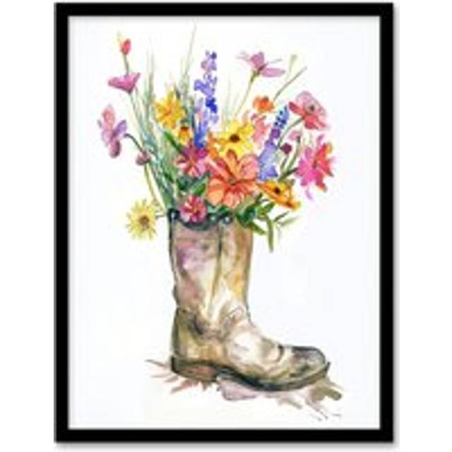Colourful Wildflower Bouquet in Army Boot Vase Framed Art Print - Multi - W12 inch x H16 inch