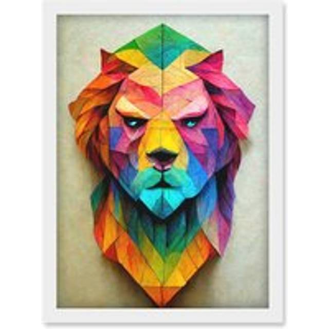 Vibrant Geometric Lion Head Decoupage Artwork Framed Wall Art Print A4 - White - One Size