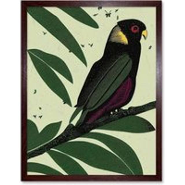 Wall Art Print Wild Parrot On Tree Branch Vintage Linocut Art Framed - Brown - W12 inch x H16 inch