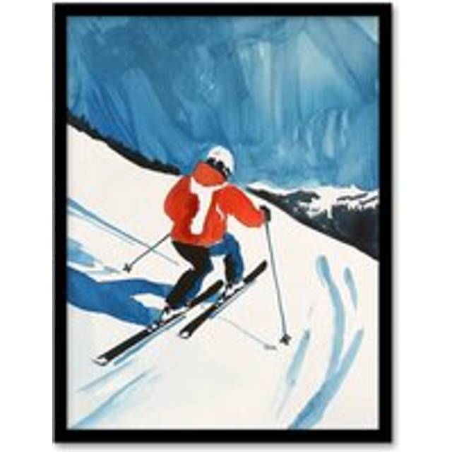 Austria Skier Skiing Winter Sport Ski Watercolour Framed Art Print - Blue - W12 inch x H16 inch