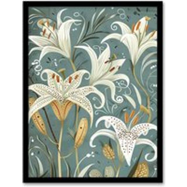 Quirky White Lily Pattern Spring Flower Artwork Framed Art Print - Blue - W12 inch x H16 inch