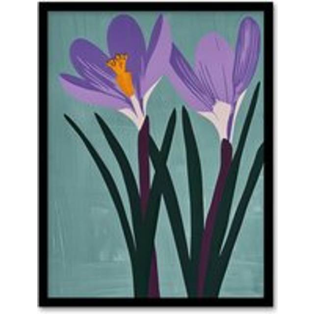 Two Purple Crocus Flowers Painting Simple Floral Framed Art Print - Blue - W12 inch x H16 inch