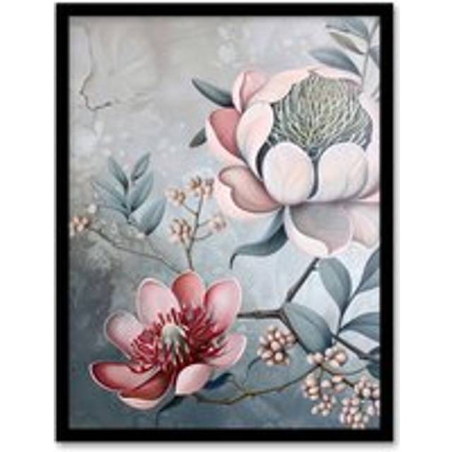 Exotic Audubon Style Delicate Flowers Painting Framed Art Print - Blue - W12 inch x H16 inch