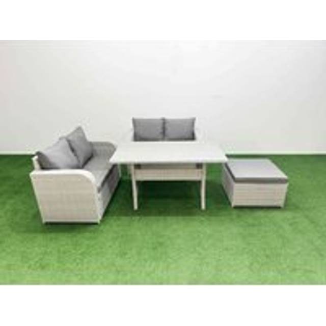 Fimous Fimous 5 Seater Outdoor Love Sofa Set Rattan Garden Furniture Set With Rectangular Dining Table Big Footstool Light Grey