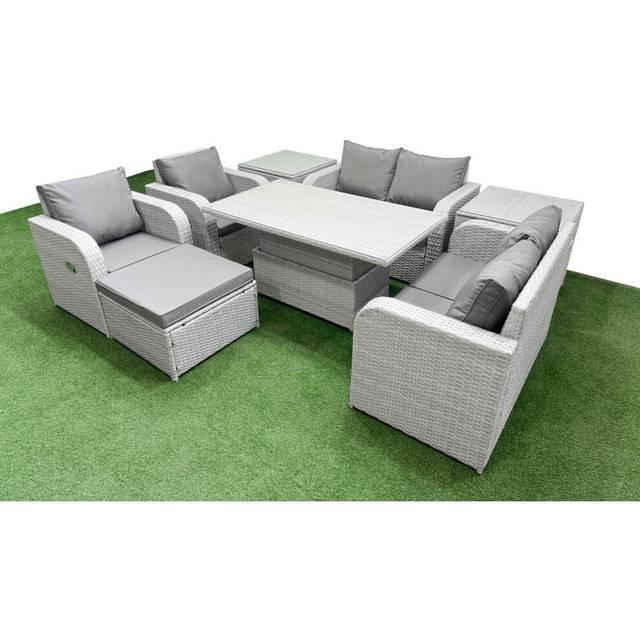 2 Love Sofas With 2 Reclining Chairs, Adjustable Lifting Dining Table, Big Footstool & 2 Side Tables | Wowcher - Grey